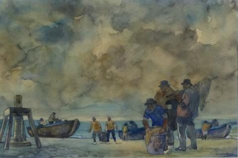 Willem Klijn aquarel Vissers aan het strand